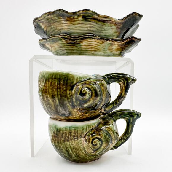 Majolica Tea Cup and Saucers Vintage Barbotine Shell Oyster Green Glaze Pair - Picture 10 of 13